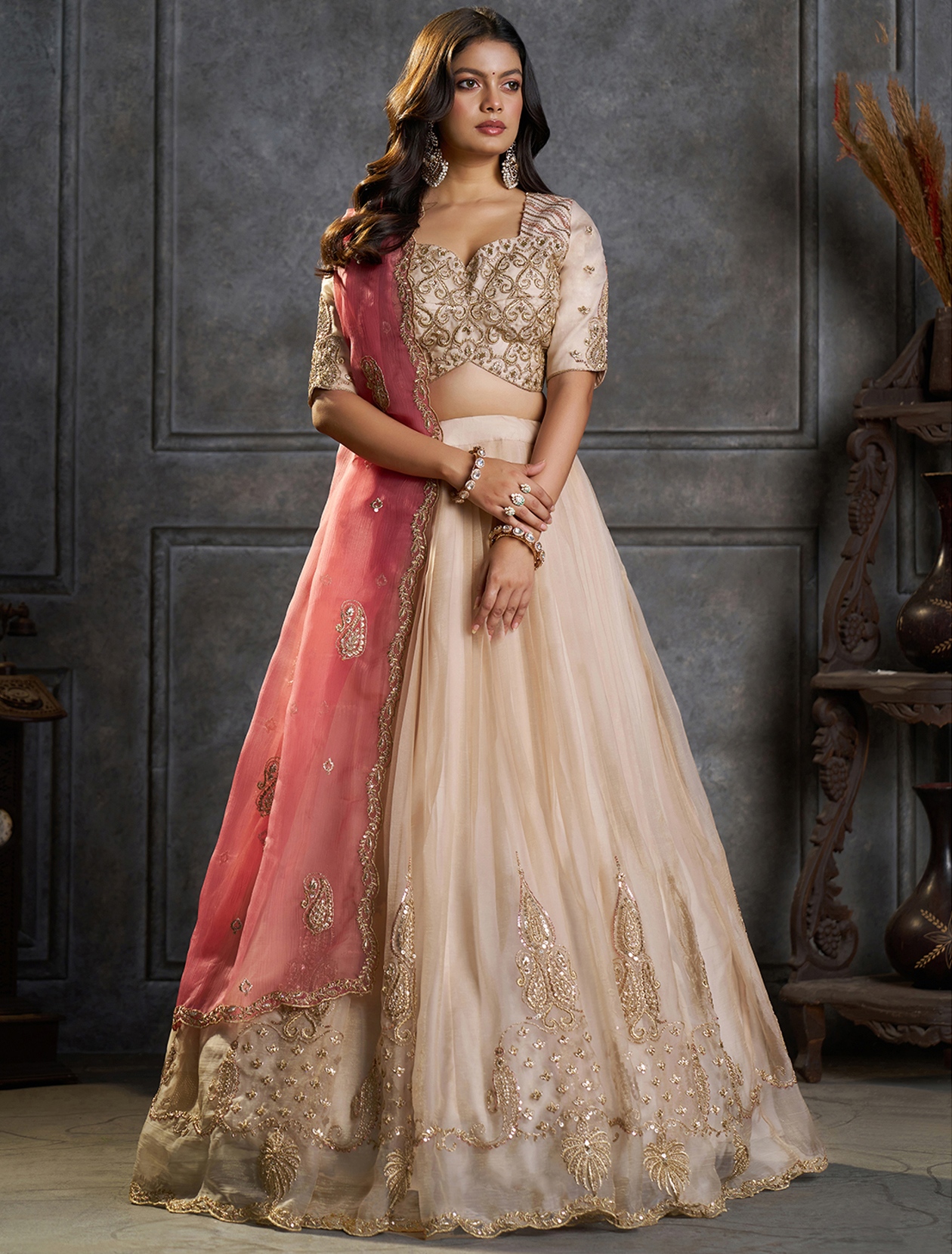 Cream Pink Designer Embroidery Organza Lehenga Choli