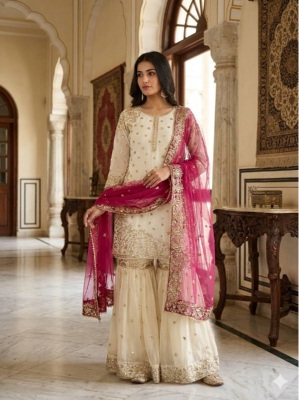Cream Pink Embroidered Pure Fendy Silk Sharara Suit