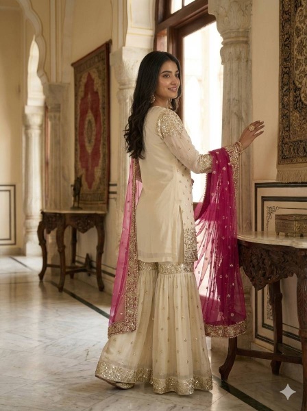 Cream Pink Embroidered Pure Fendy Silk Sharara Suit — alternate view