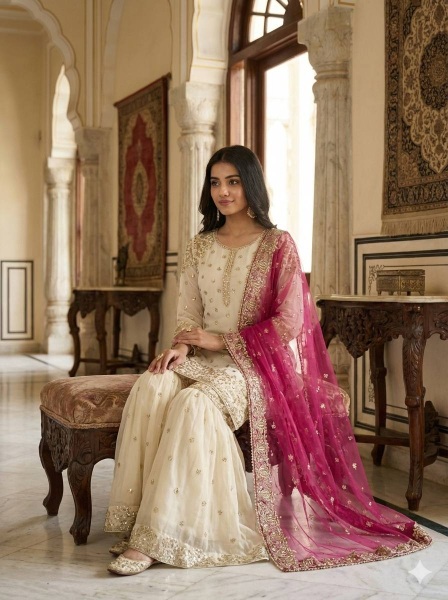 Cream Pink Embroidered Pure Fendy Silk Sharara Suit