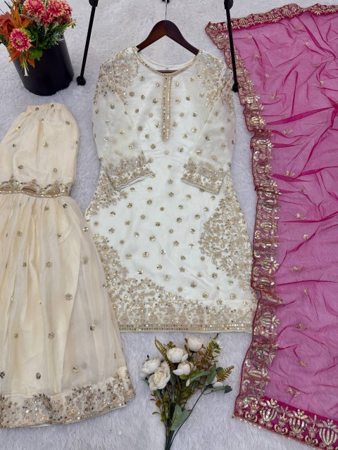 Cream Pink Embroidered Pure Fendy Silk Sharara Suit