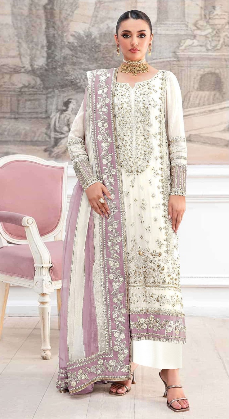 Cream Pink Mughal Embroidered Crunchy Silk Salwar Suit