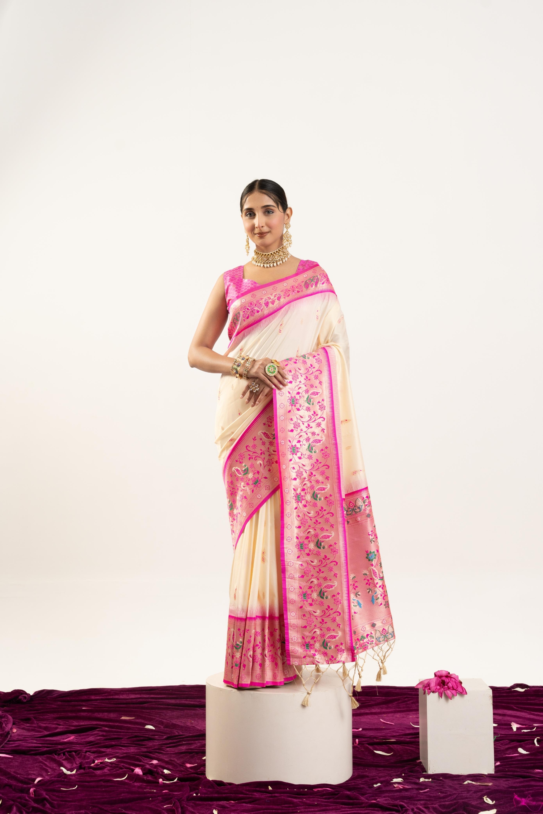 Cream Pink Paithani Woven Banarasi Silk Saree