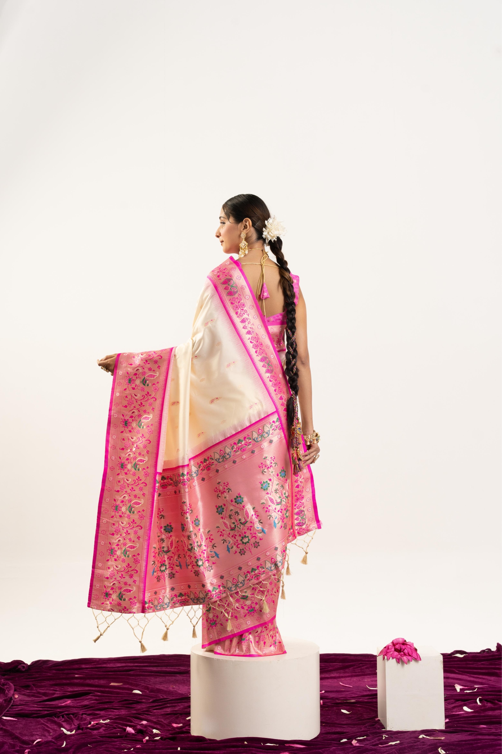 Cream Pink Paithani Woven Banarasi Silk Saree — alternate view