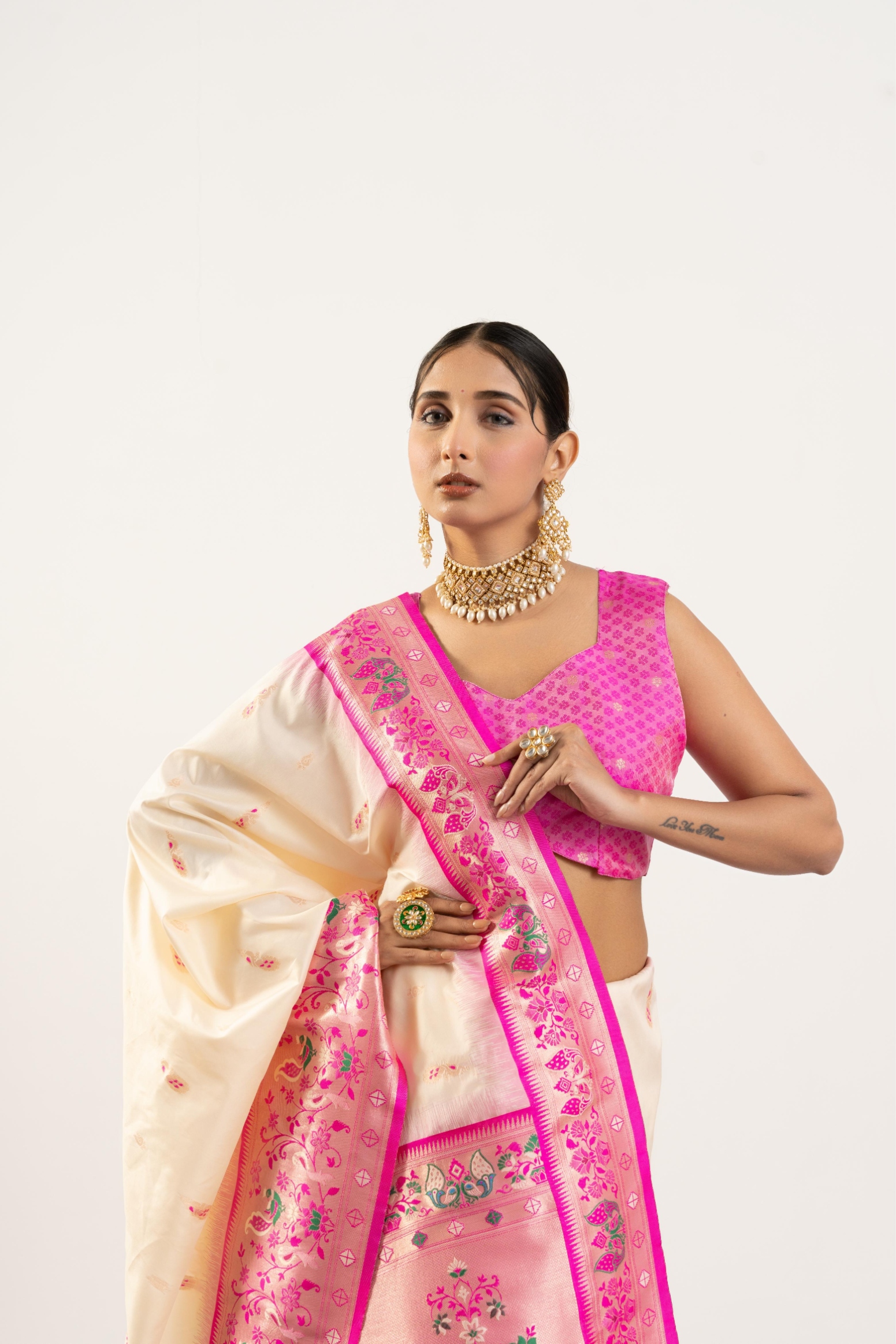 Cream Pink Paithani Woven Banarasi Silk Saree