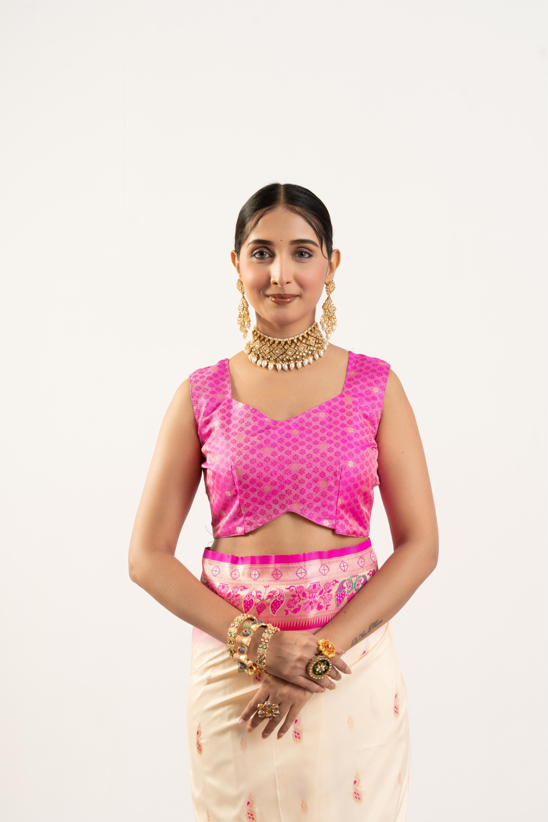 Cream Pink Paithani Woven Banarasi Silk Saree