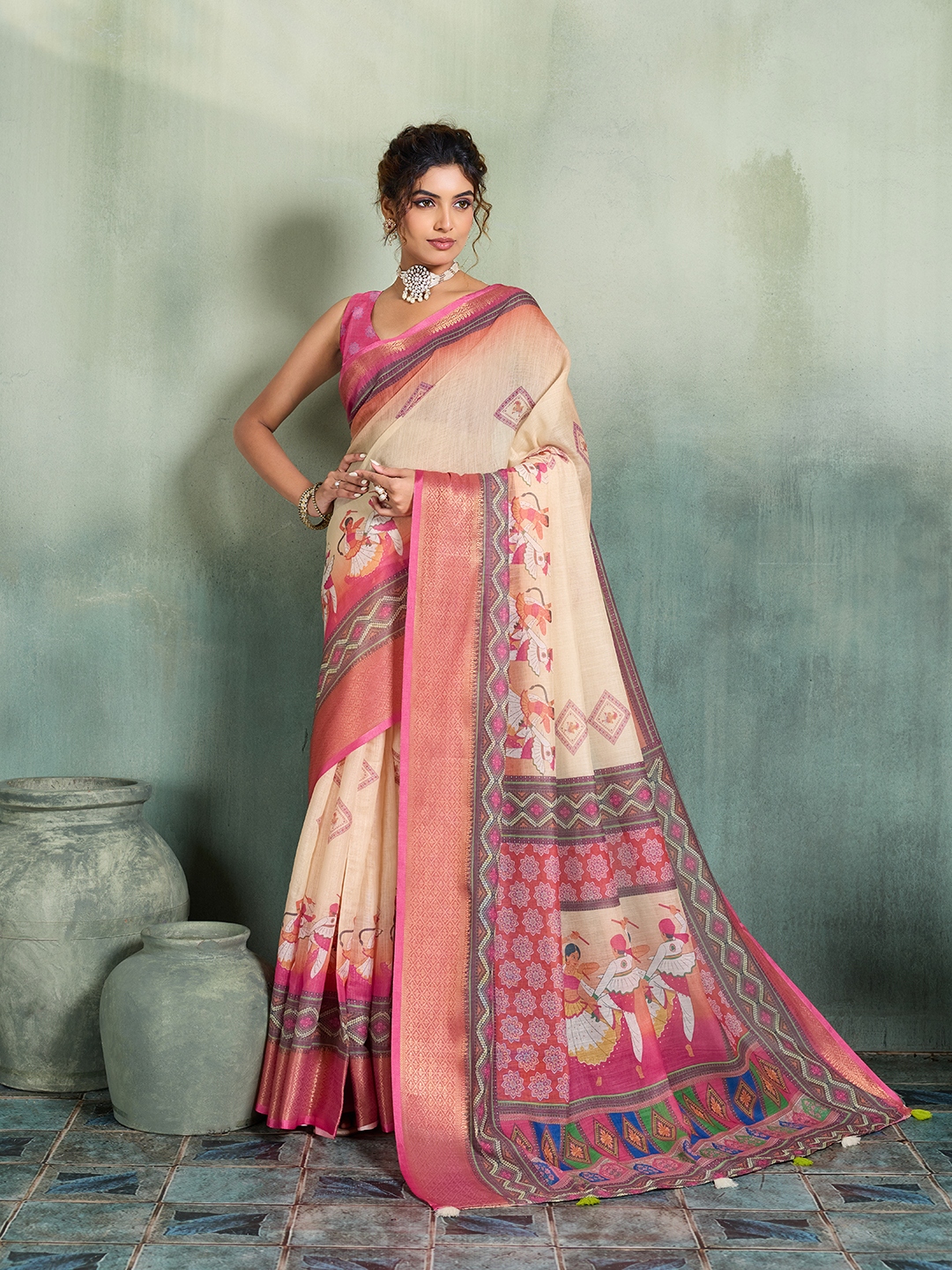 Cream Pink Printed Jari Border Linen Saree