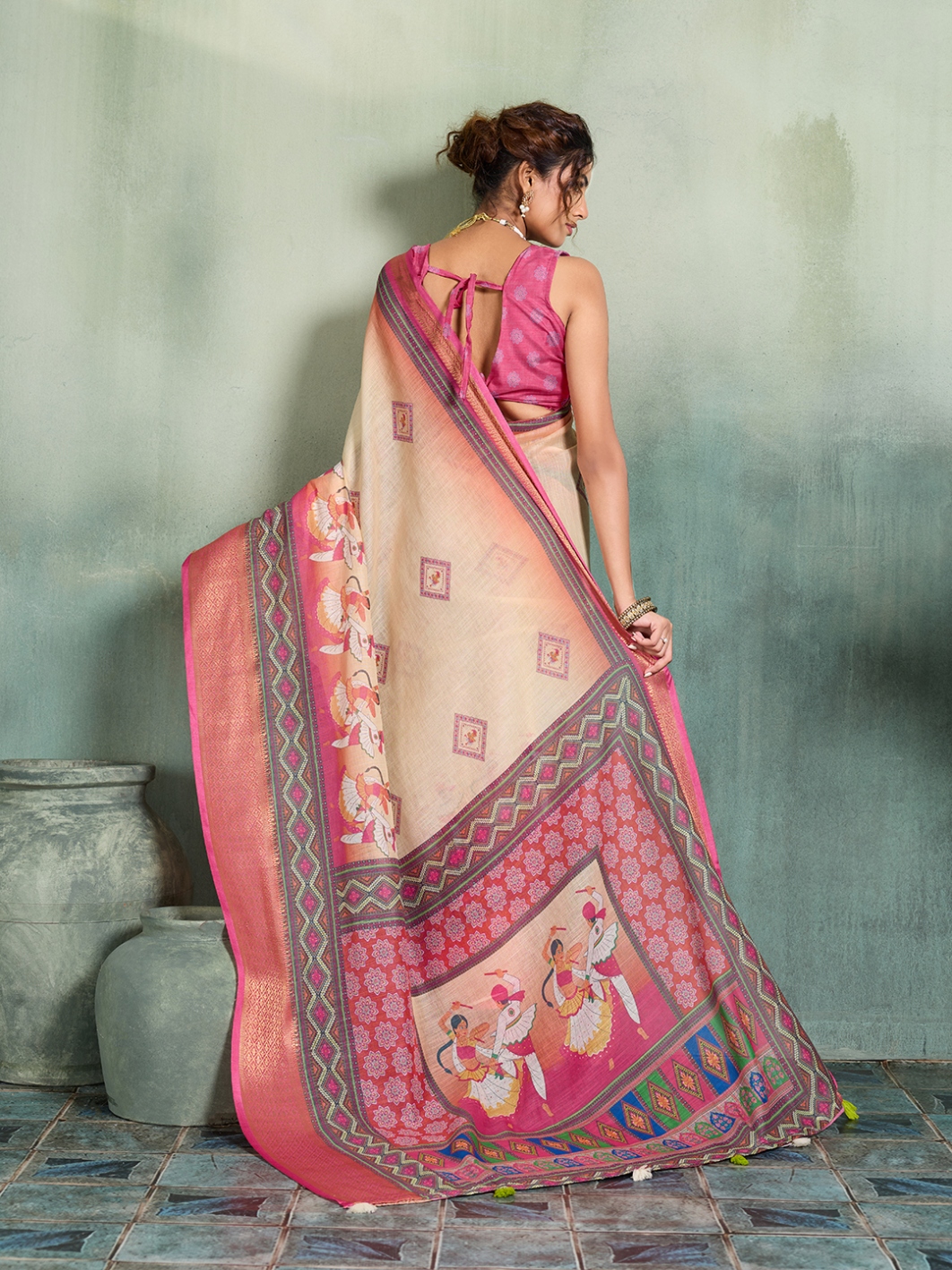 Cream Pink Printed Jari Border Linen Saree — alternate view