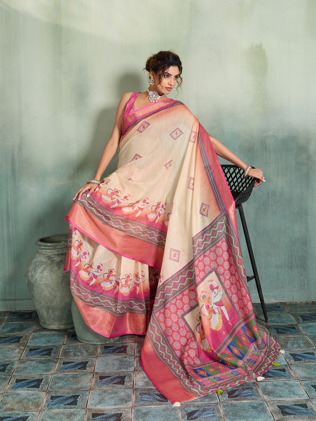 Cream Pink Printed Jari Border Linen Saree