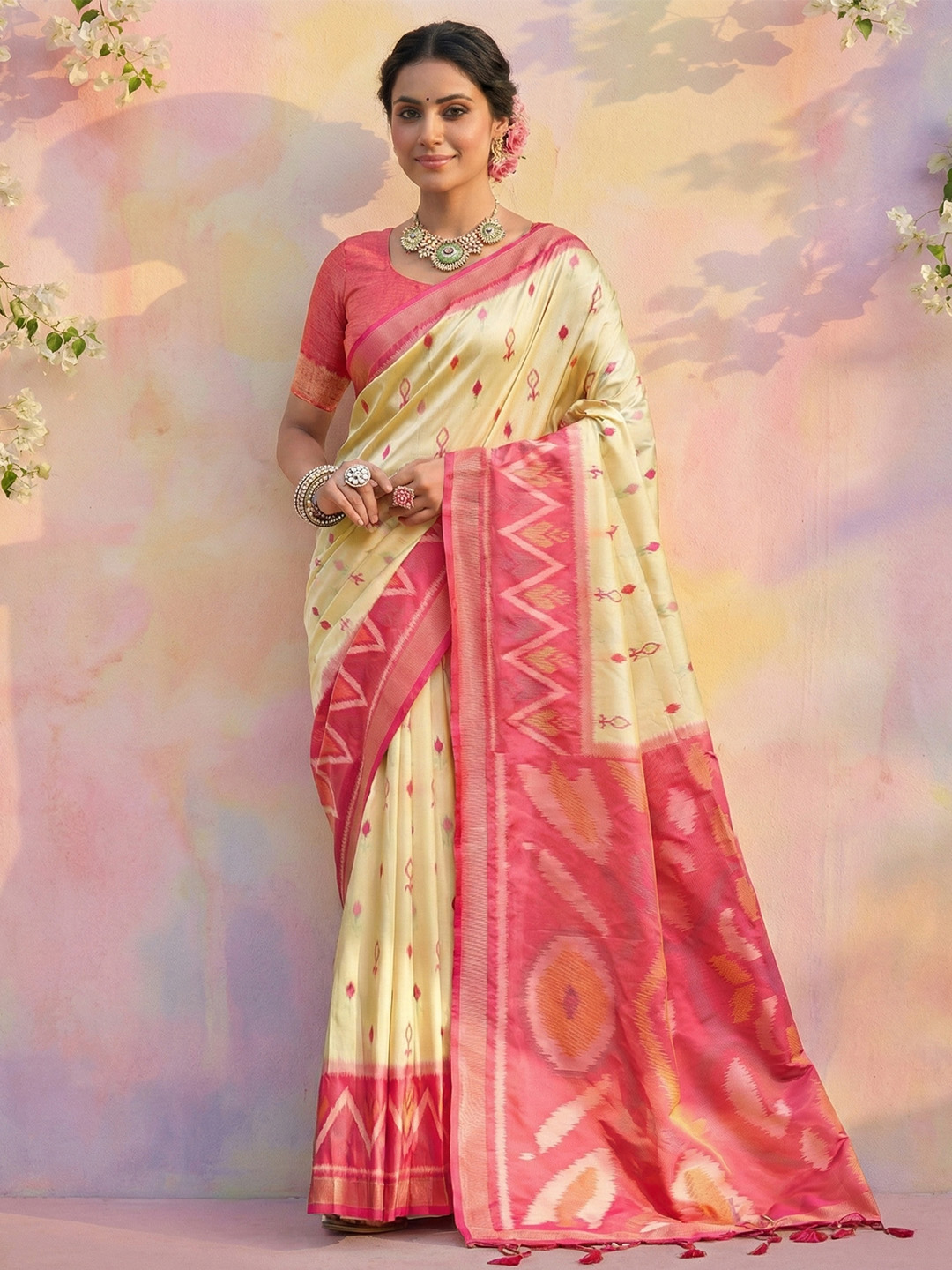 Cream Pink Woven Soft Silk Designer Saree