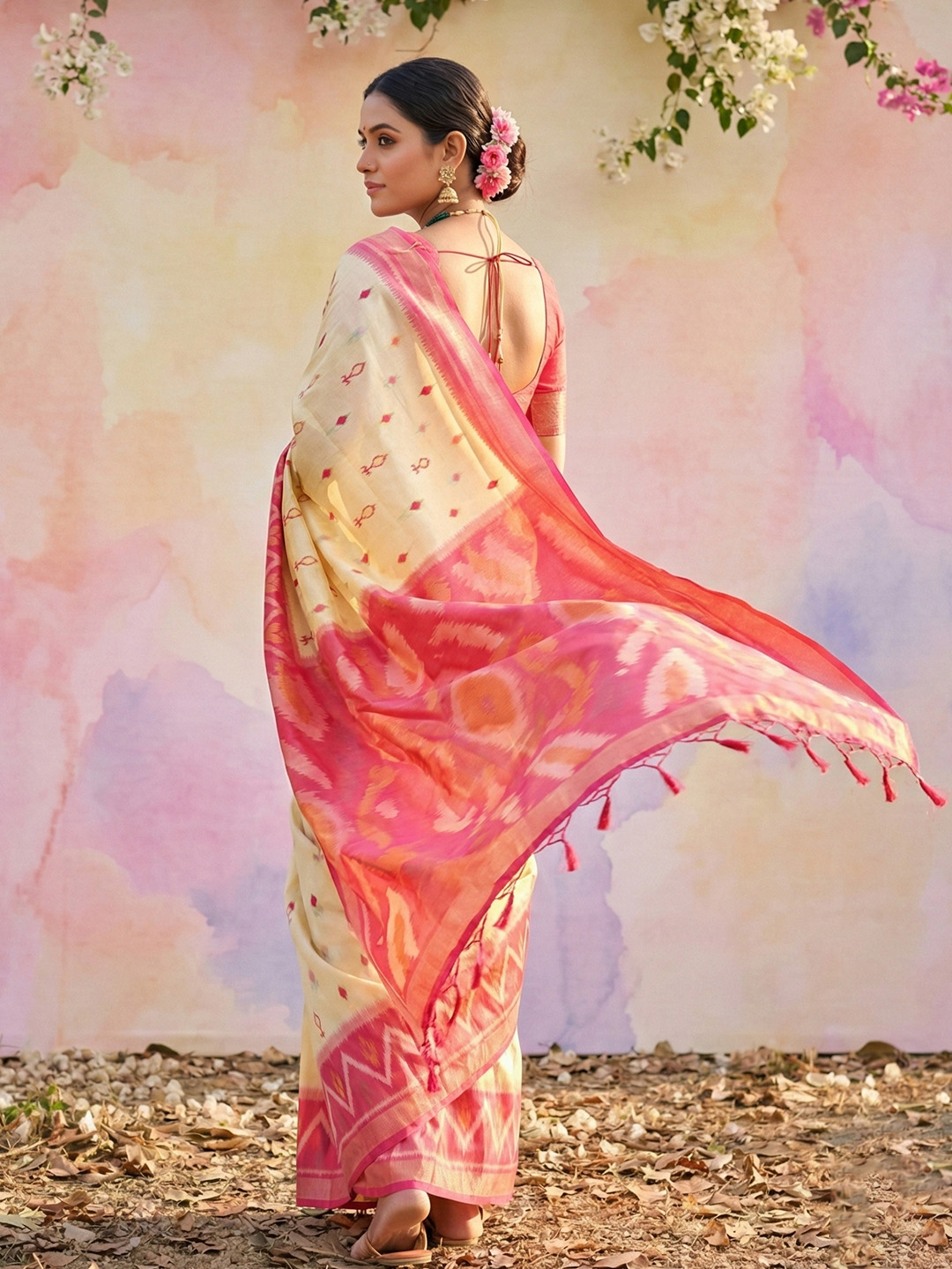 Cream Pink Woven Soft Silk Designer Saree — alternate view