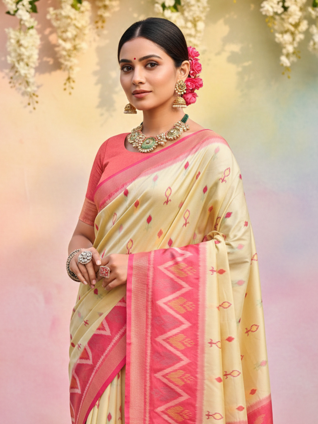 Cream Pink Woven Soft Silk Designer Saree
