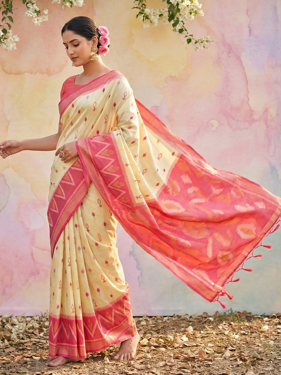 Cream Pink Woven Soft Silk Designer Saree
