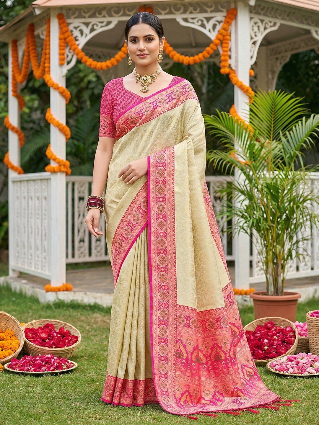 Cream Pink Woven Soft Silk Saree