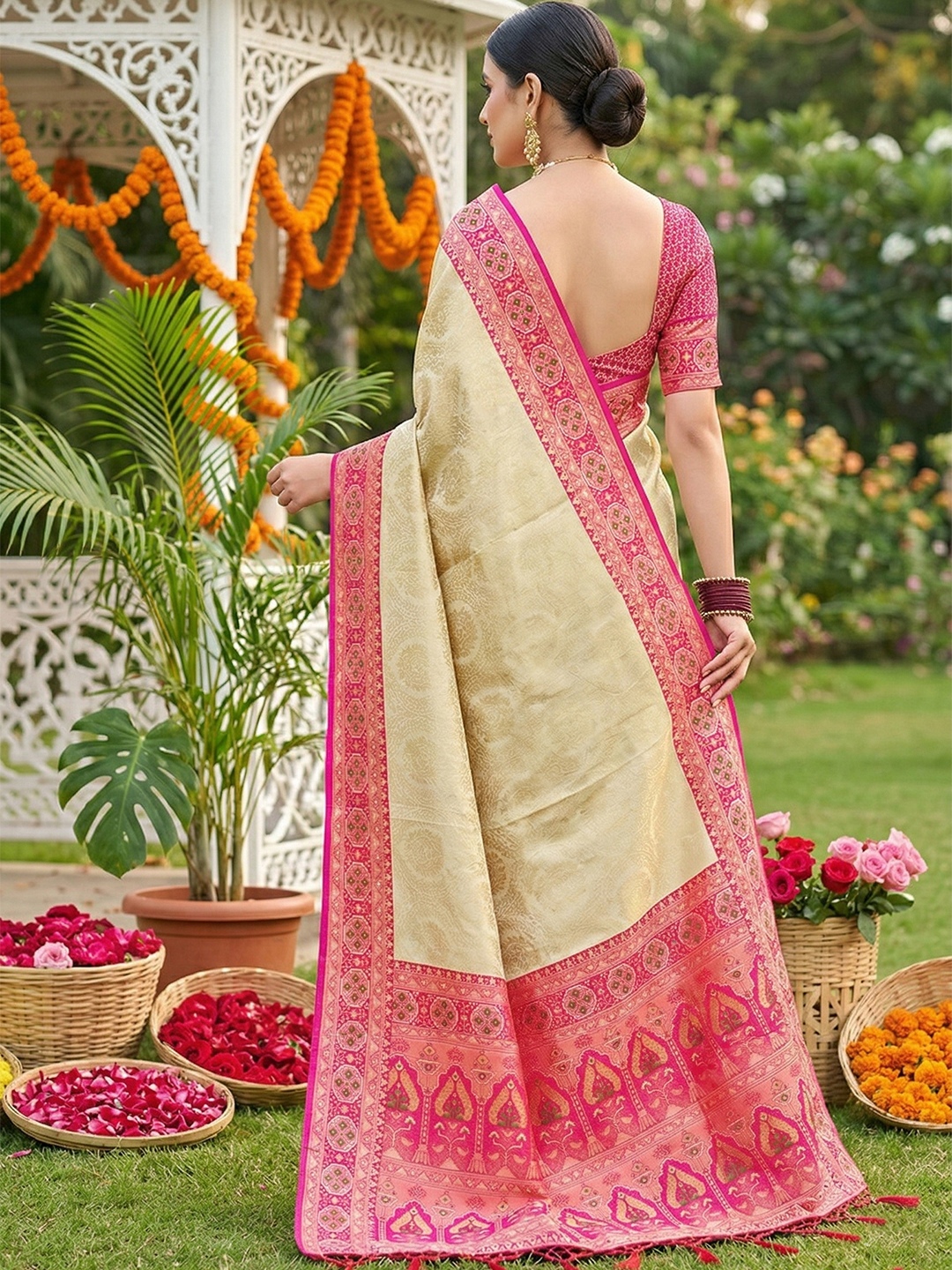 Cream Pink Woven Soft Silk Saree — alternate view