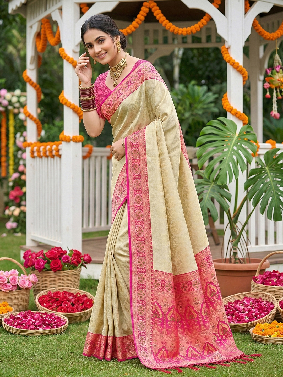 Cream Pink Woven Soft Silk Saree