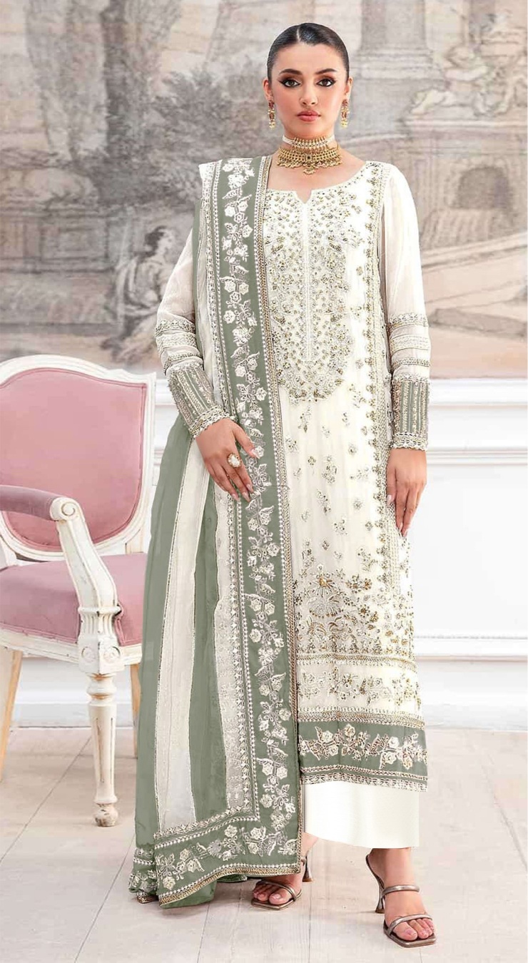 Cream Pista Traditional Embroidered Crunchy Silk Salwar Suit