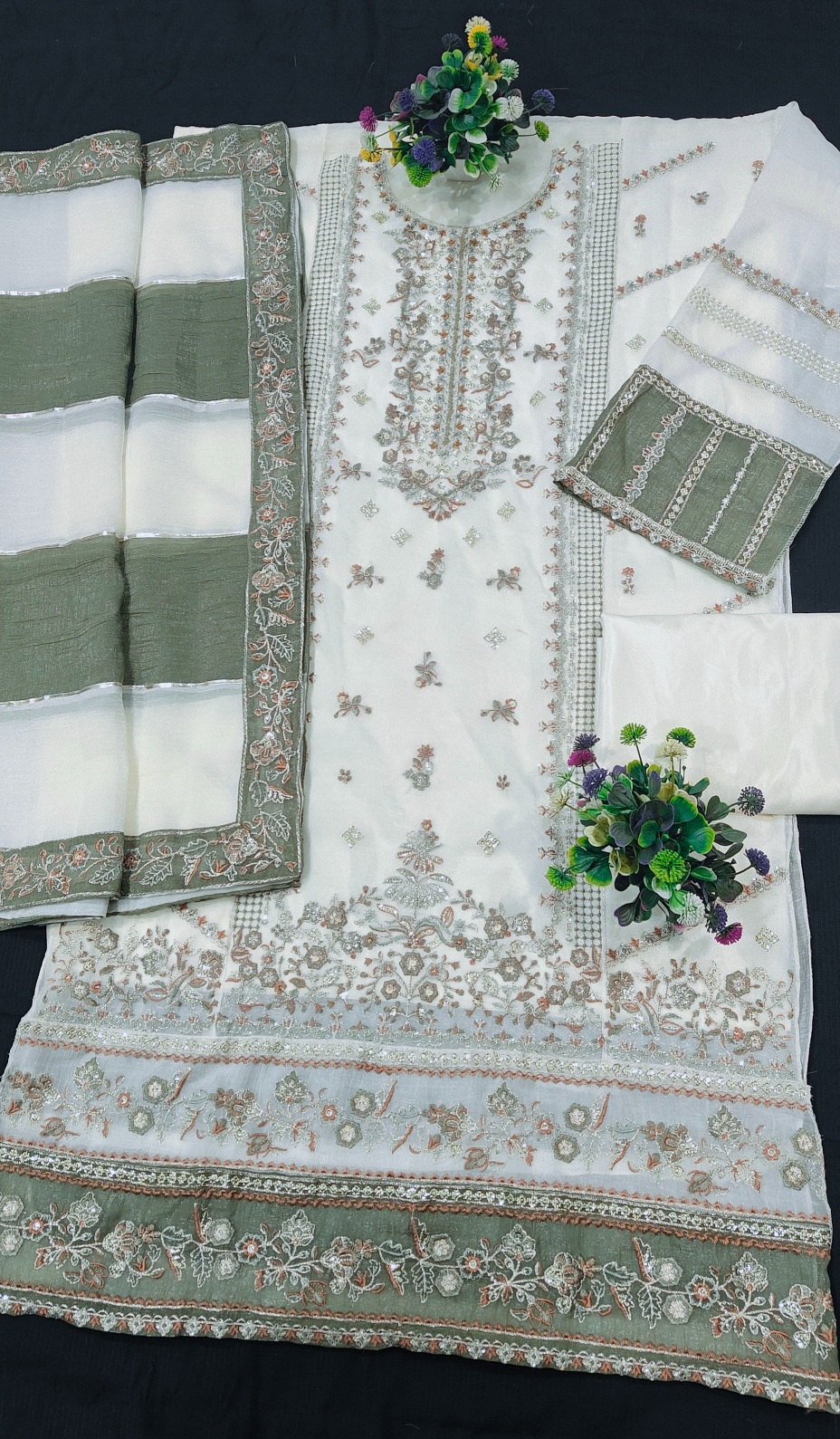 Cream Pista Traditional Embroidered Crunchy Silk Salwar Suit