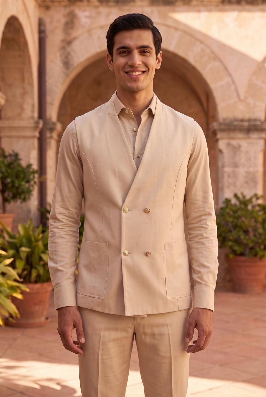 Cream Prime Jute Nehru Jacket