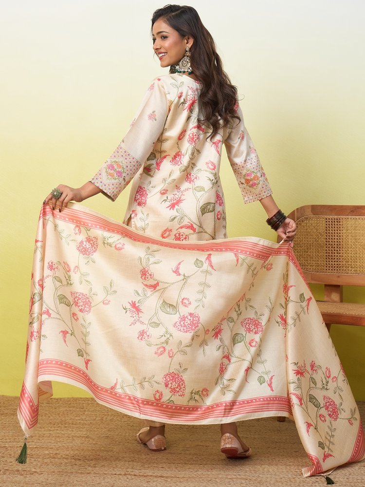 Cream Printed Beads Assam Cotton Straight Suit — alternate view