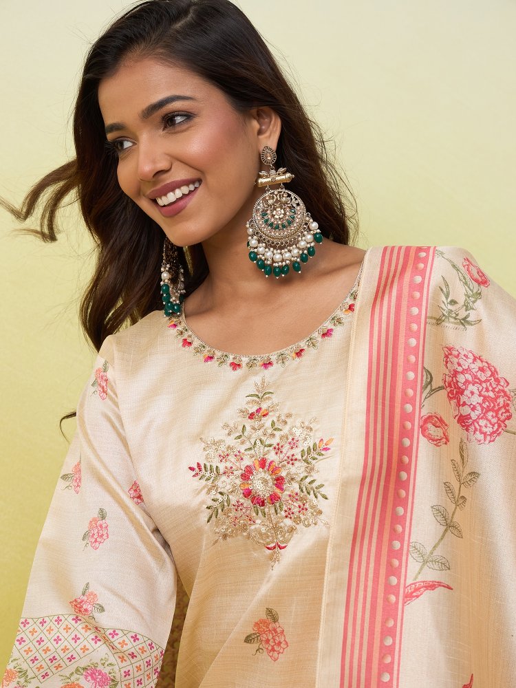 Cream Printed Beads Assam Cotton Straight Suit