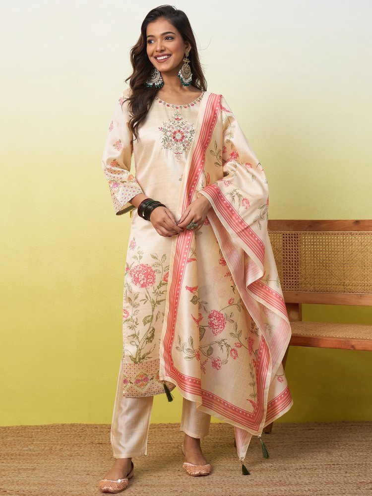 Cream Printed Beads Assam Cotton Straight Suit