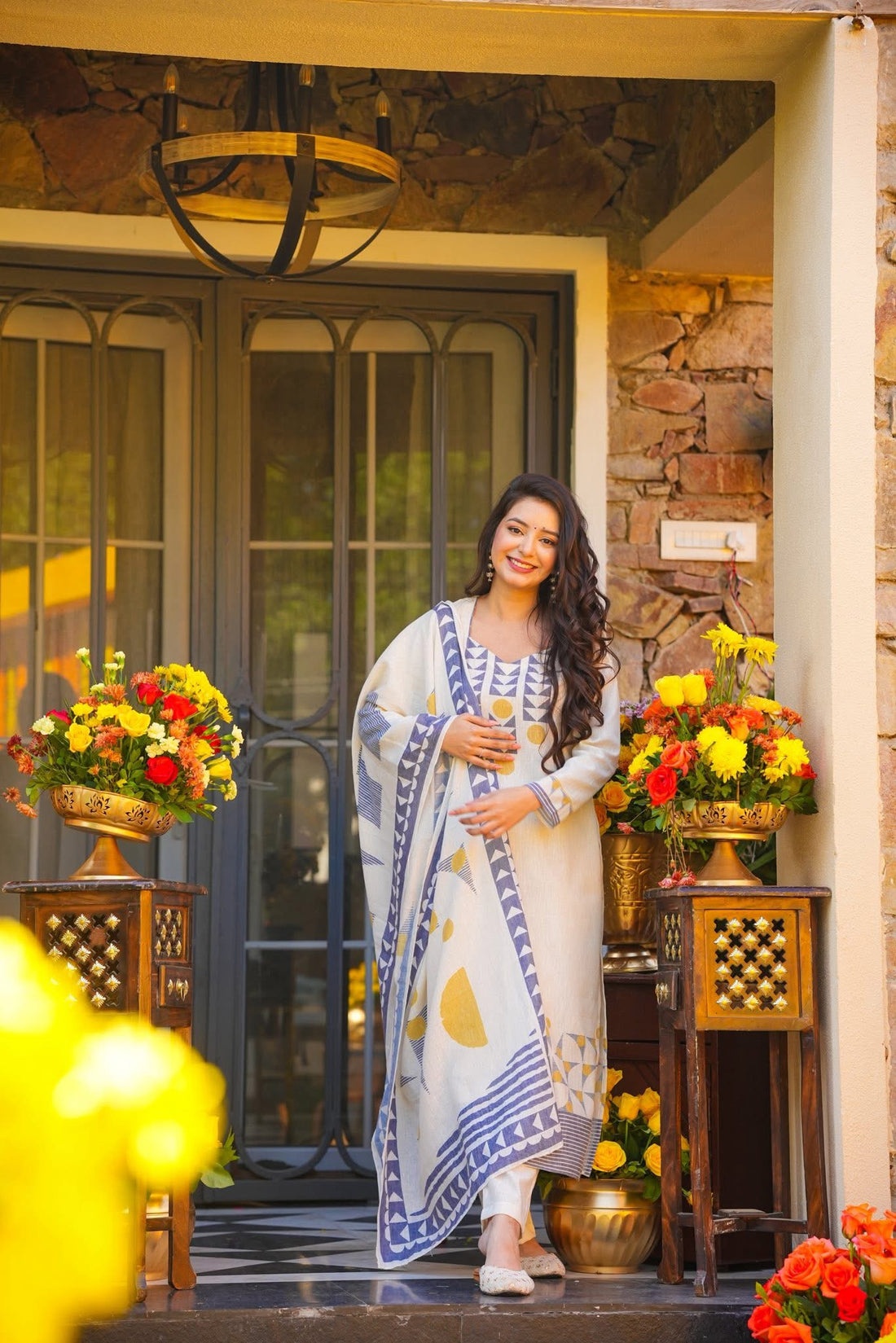 Cream Printed Muslin Kurta Set