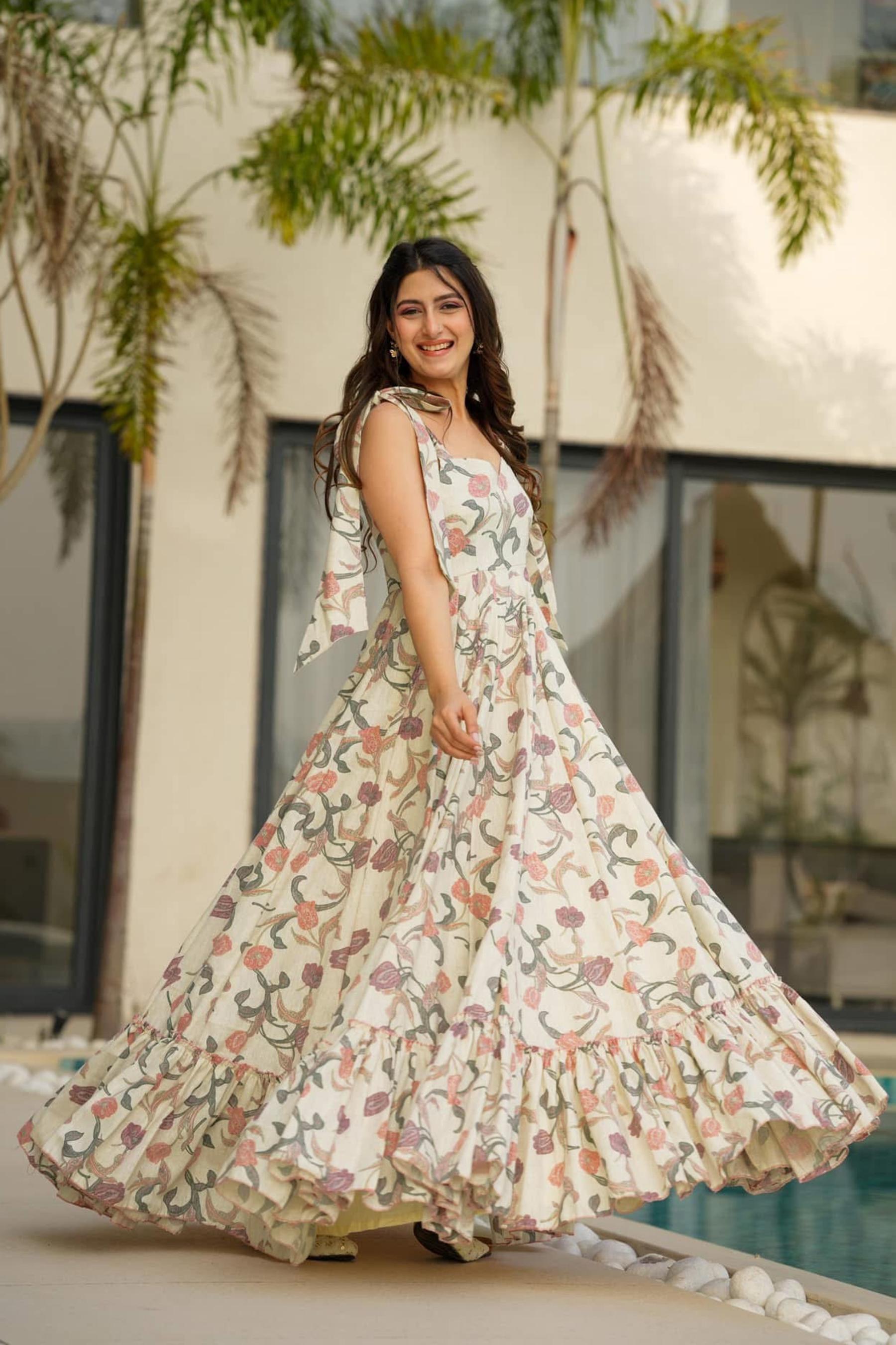 Cream Printed Rayon Gown — alternate view