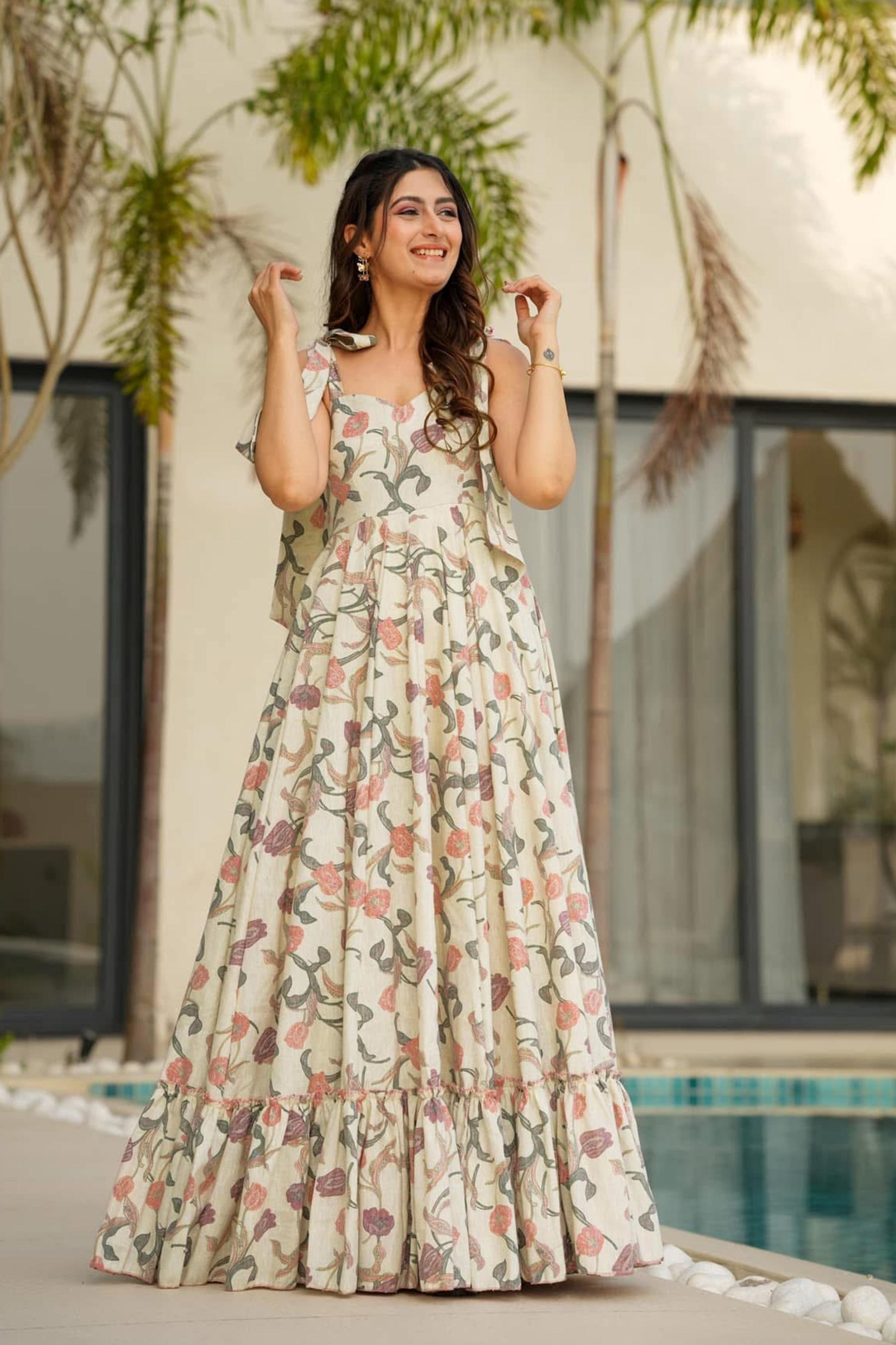 Cream Printed Rayon Gown