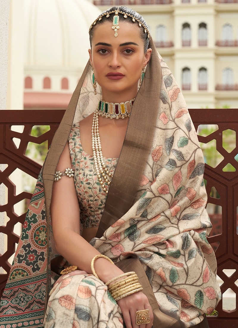 Cream Printed Sequence Fendy Satin Saree — alternate view