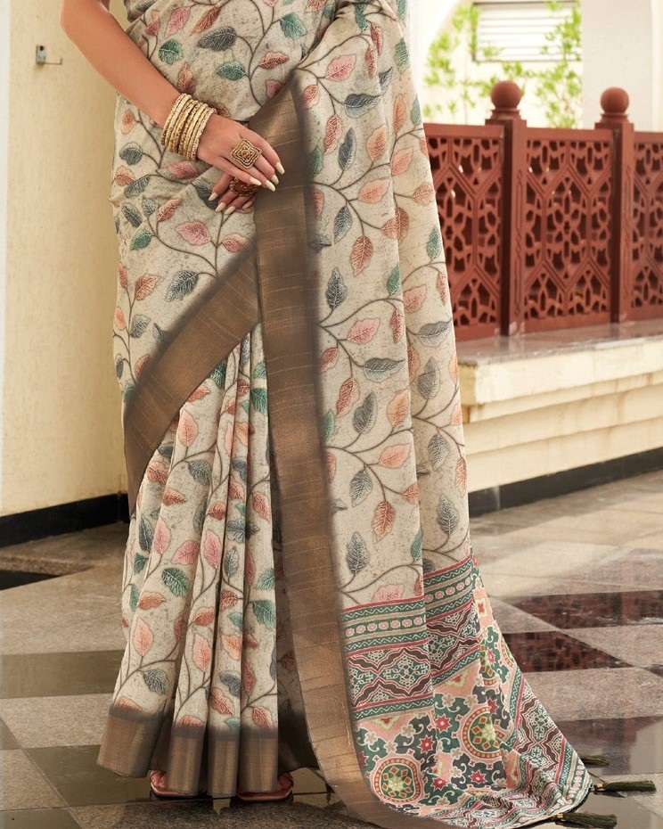 Cream Printed Sequence Fendy Satin Saree