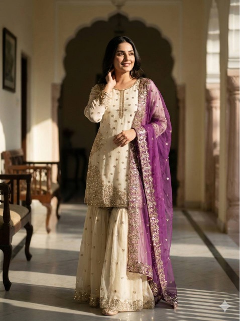 Cream Purple Embroidered Pure Fendy Silk Sharara Suit
