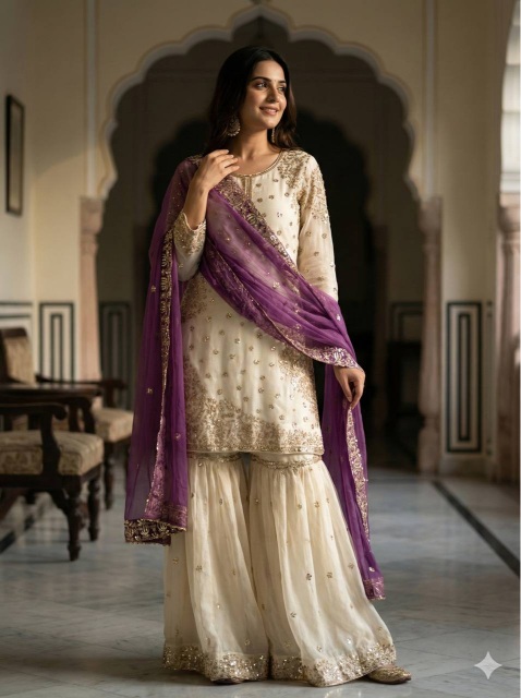 Cream Purple Embroidered Pure Fendy Silk Sharara Suit — alternate view