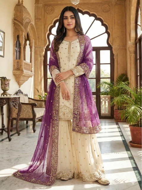 Cream Purple Embroidered Pure Fendy Silk Sharara Suit