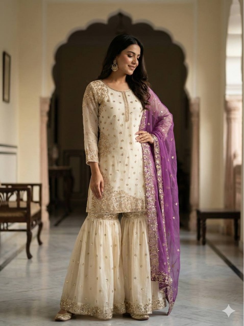 Cream Purple Embroidered Pure Fendy Silk Sharara Suit