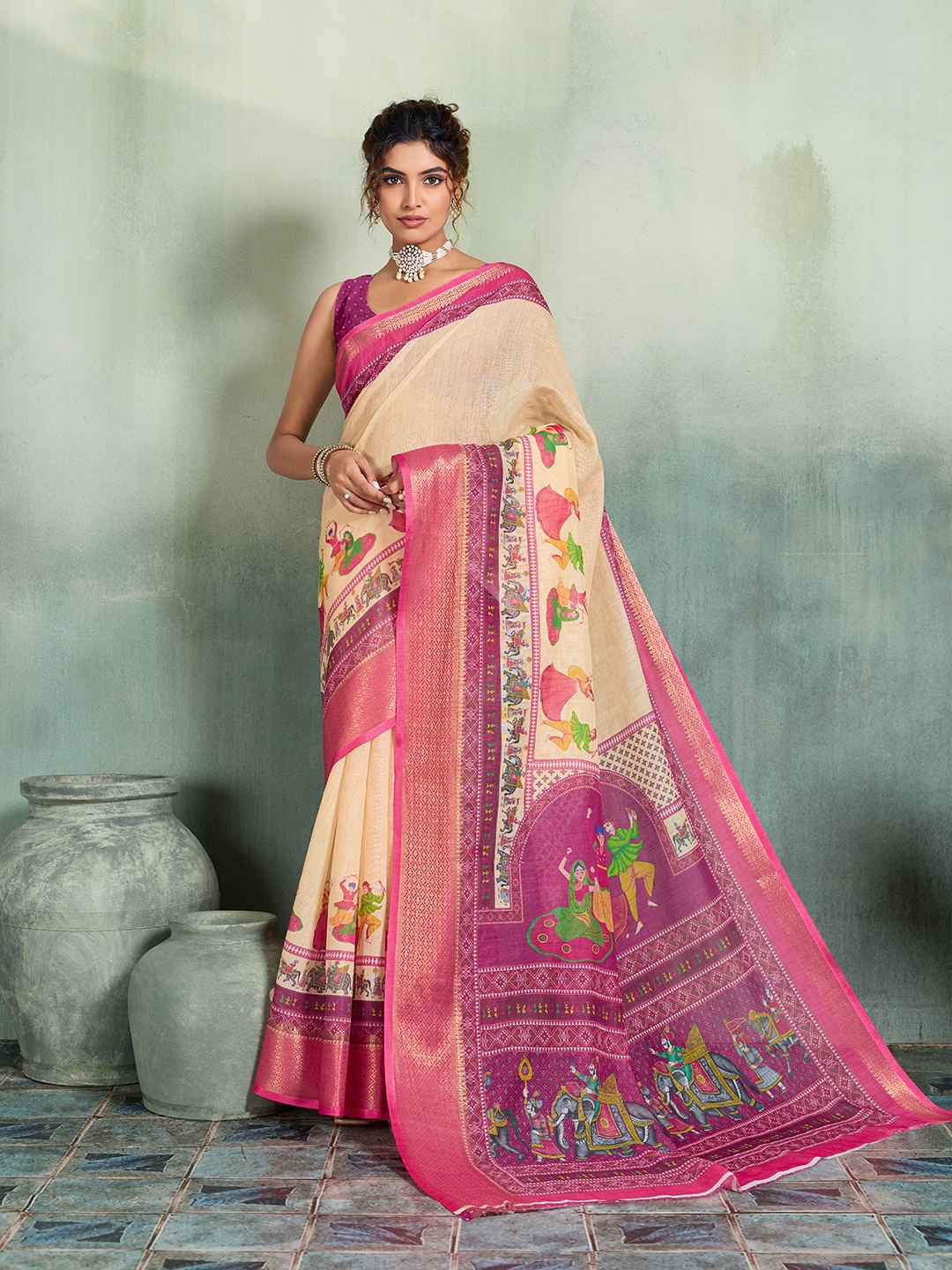 Cream Purple Printed Jari Border Linen Saree