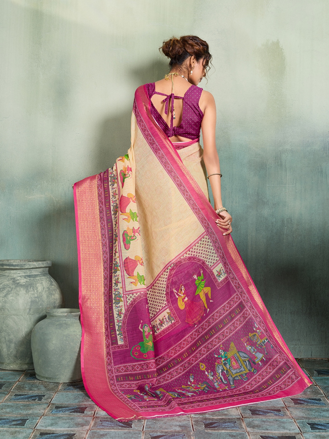 Cream Purple Printed Jari Border Linen Saree — alternate view