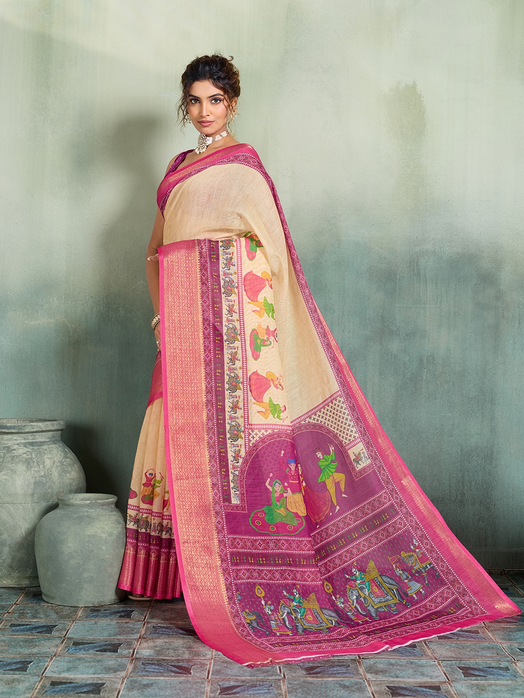 Cream Purple Printed Jari Border Linen Saree