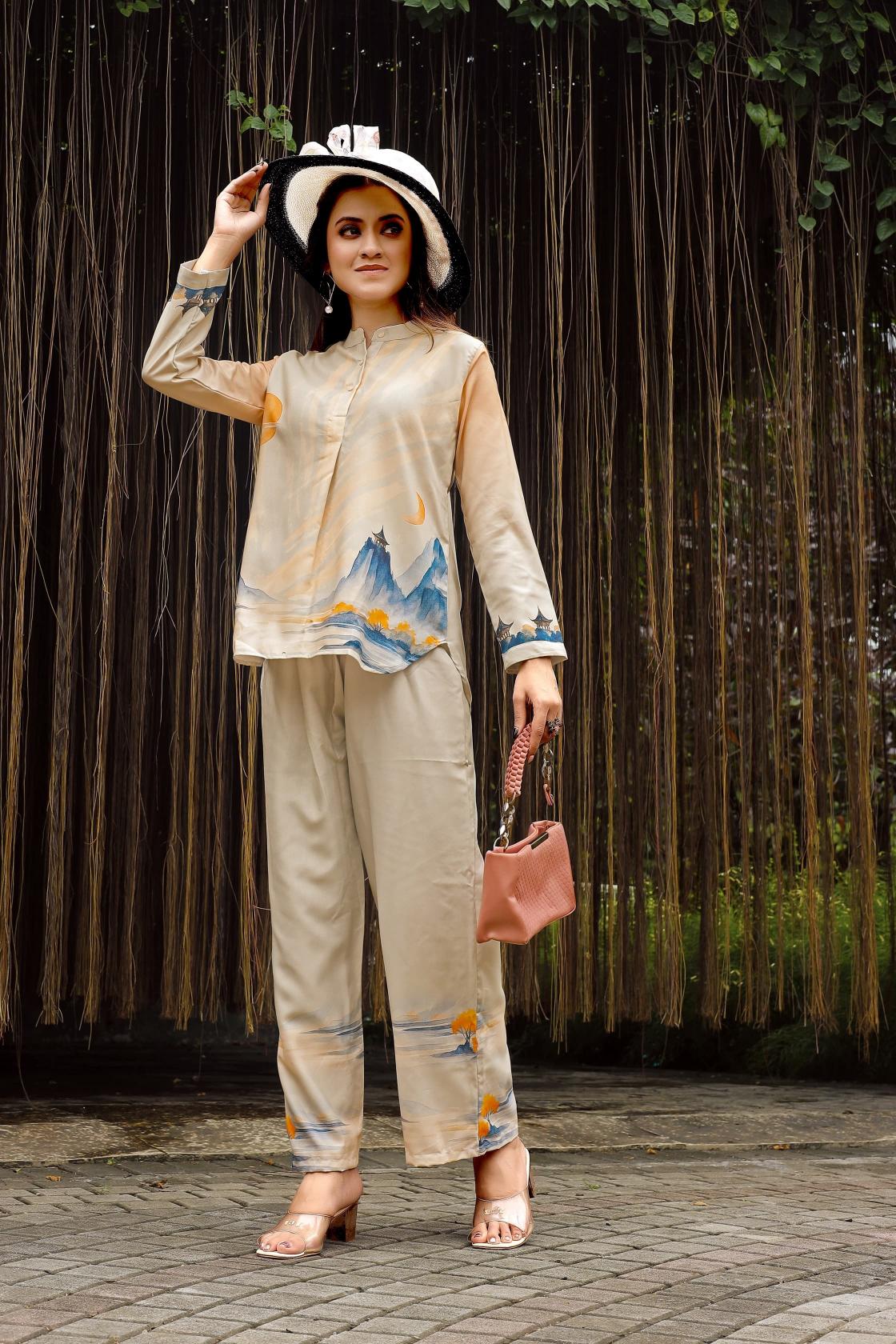 Cream Rayon Co Ord Kurti With Bottom Set