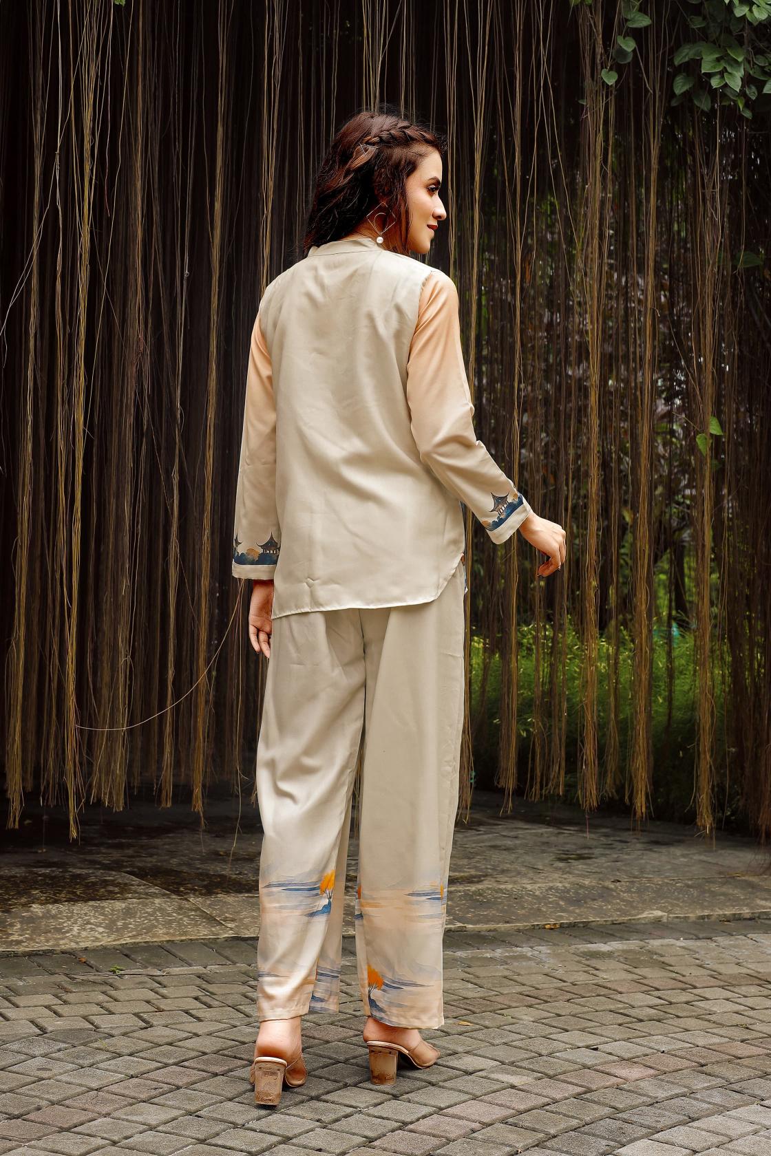Cream Rayon Co Ord Kurti With Bottom Set — alternate view