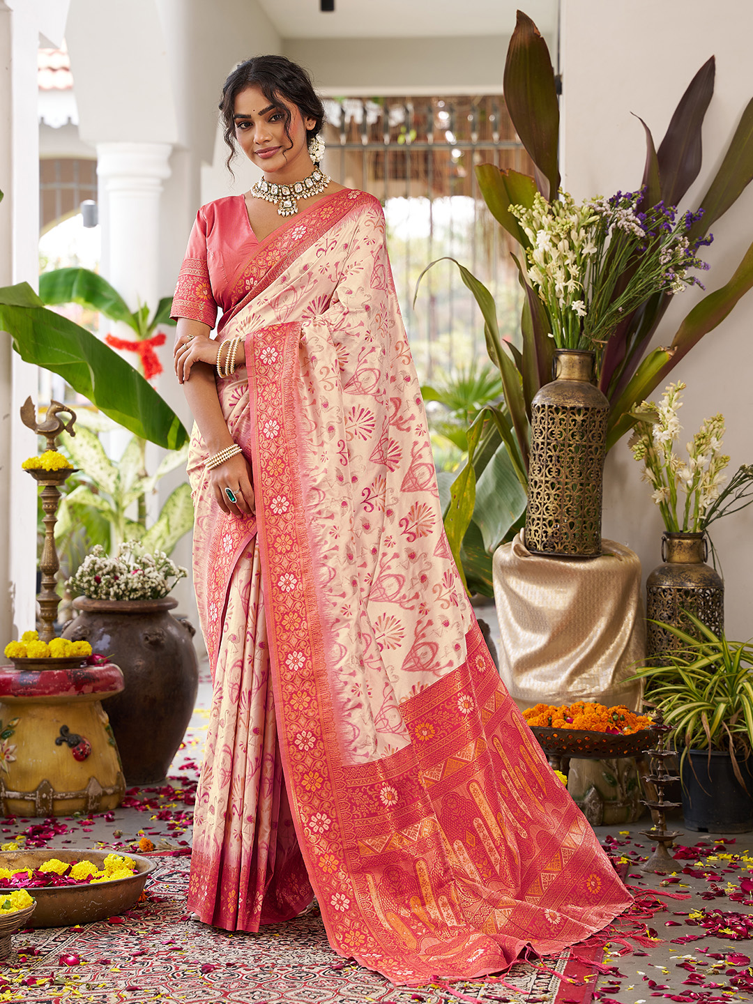 Cream Red Soft Silk Woven Saree