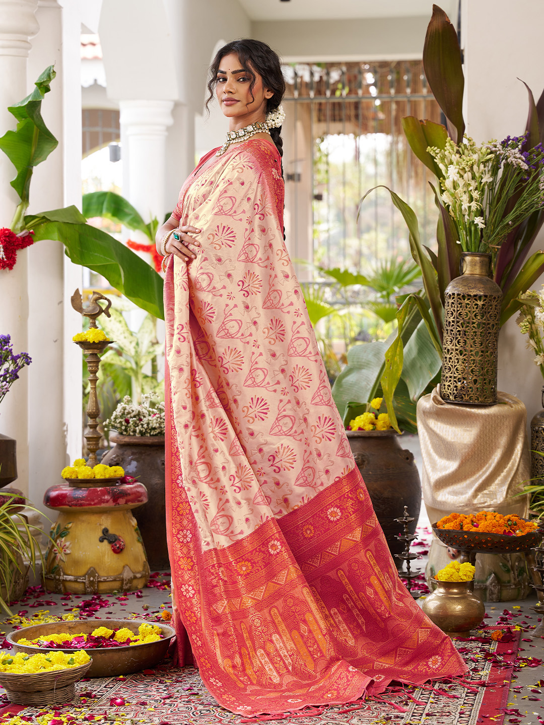 Cream Red Soft Silk Woven Saree — alternate view