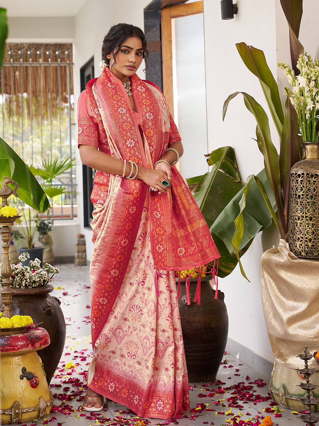 Cream Red Soft Silk Woven Saree