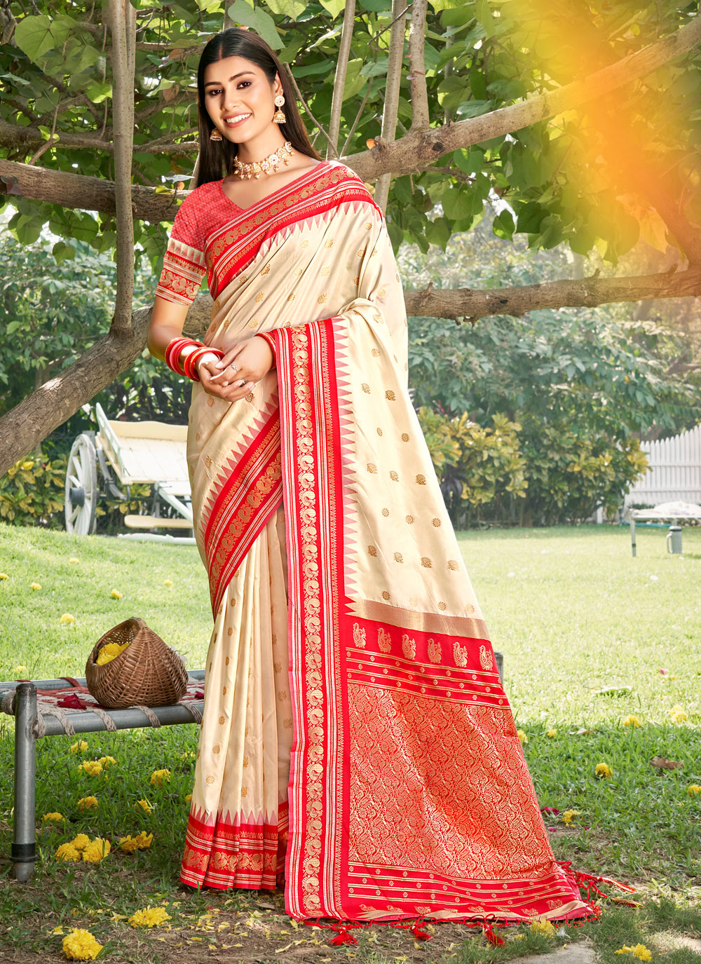 Cream Red Woven Soft Silk Saree