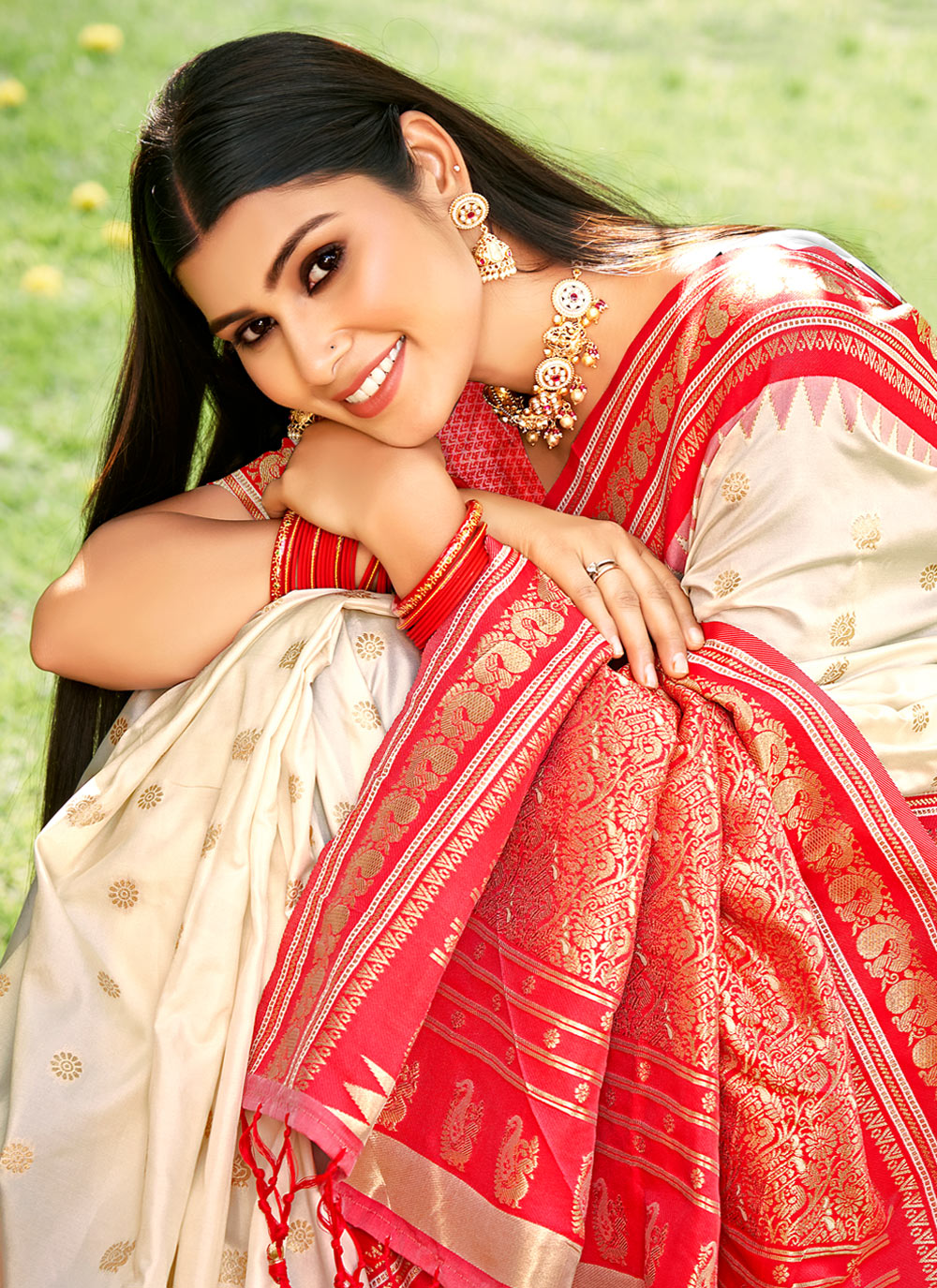 Cream Red Woven Soft Silk Saree — alternate view