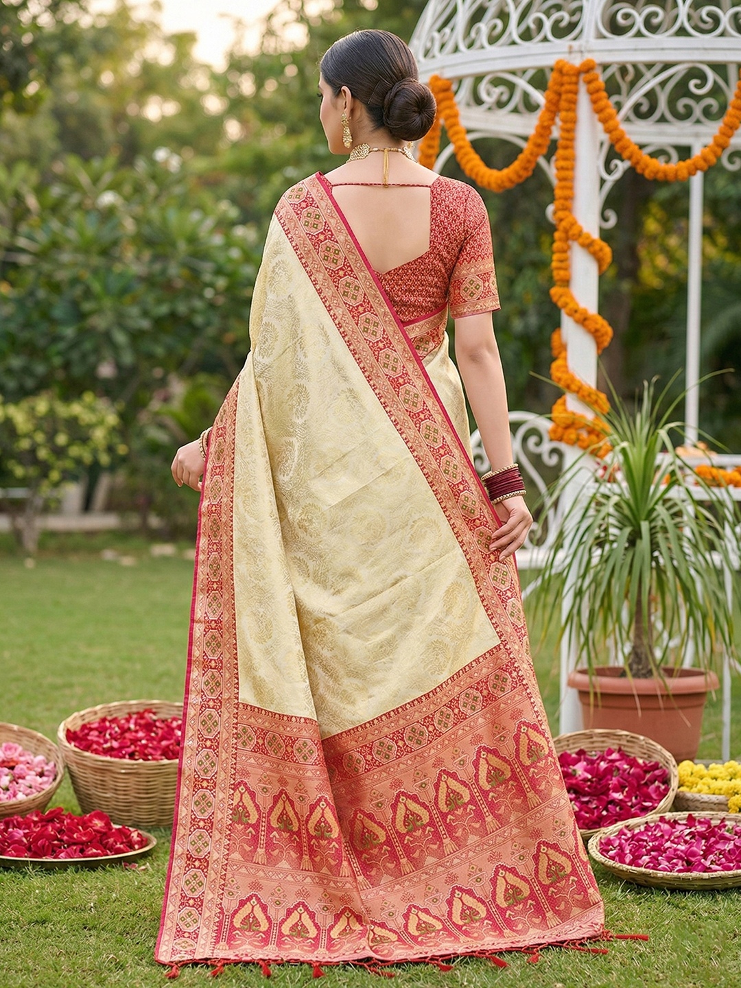 Cream Red Woven Soft Silk Saree — alternate view