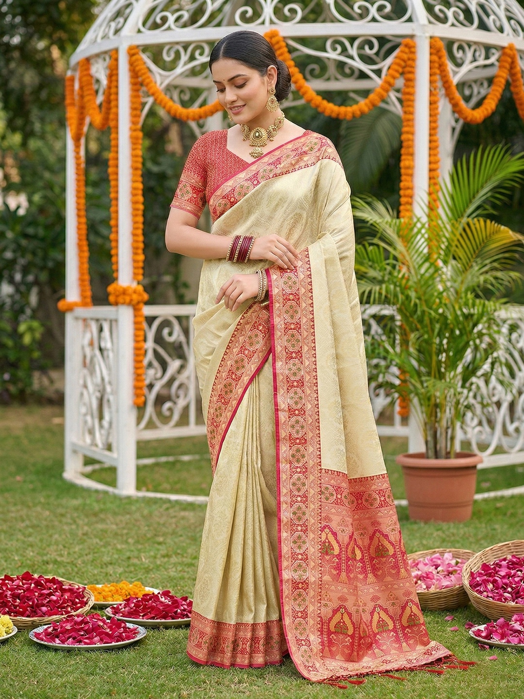 Cream Red Woven Soft Silk Saree