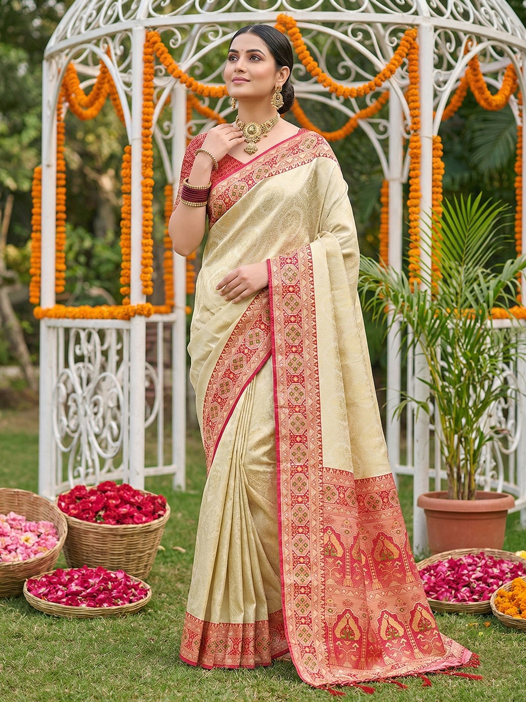 Cream Red Woven Soft Silk Saree