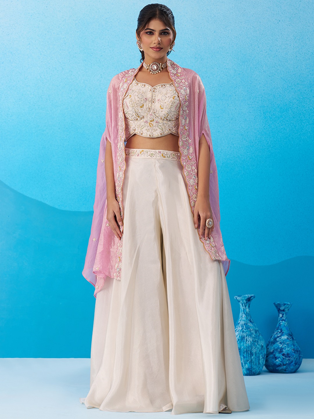 Cream Regal Layered Embroidered Viscose Indo Western Set