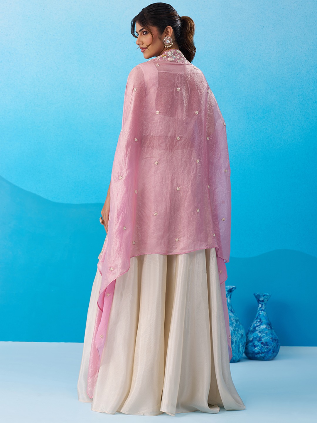 Cream Regal Layered Embroidered Viscose Indo Western Set — alternate view